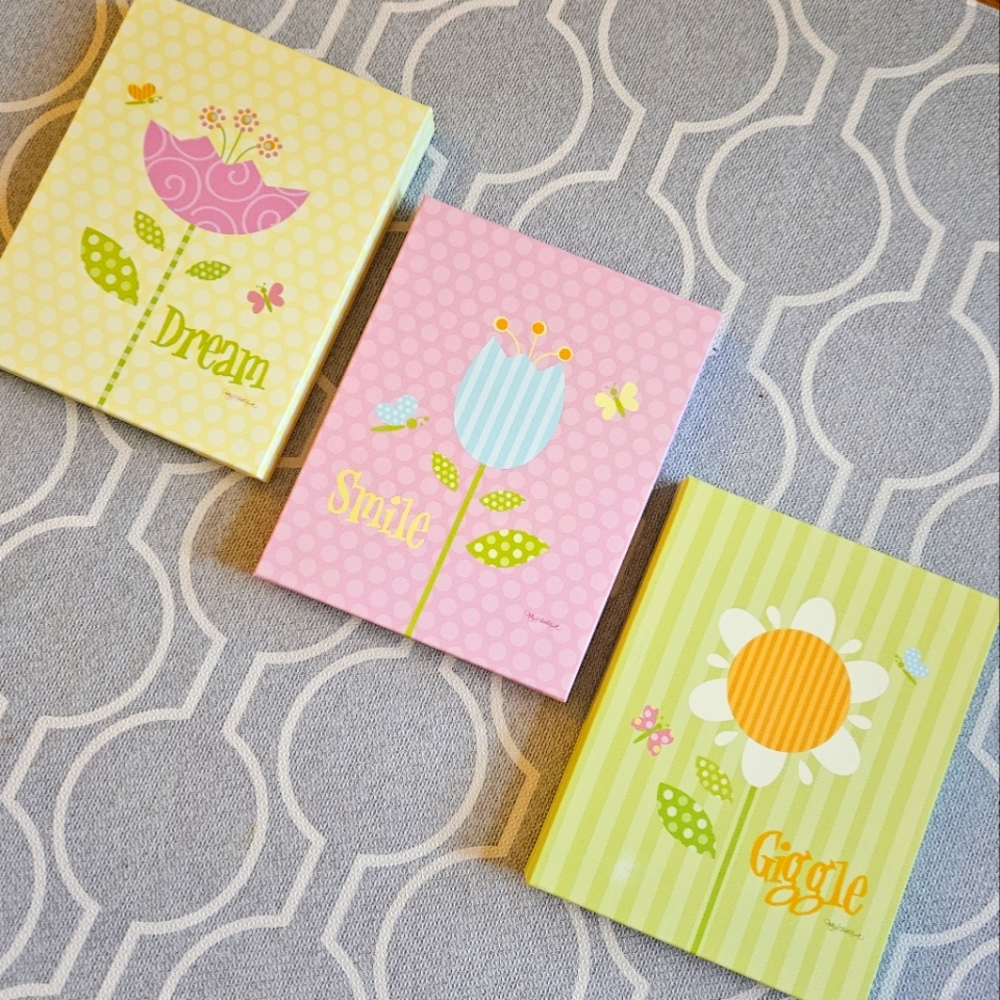 Set of 3 Canvas Flower Art for Girls Room or Nursery